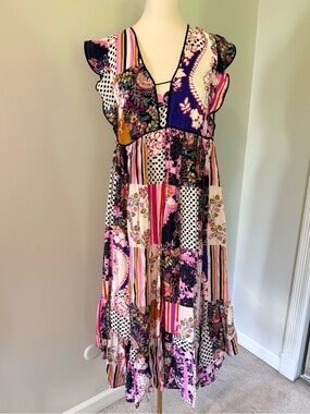 By Anthropologie Patchwork Floral Midi Dress Size 12 100% Viscose Boho NWOT